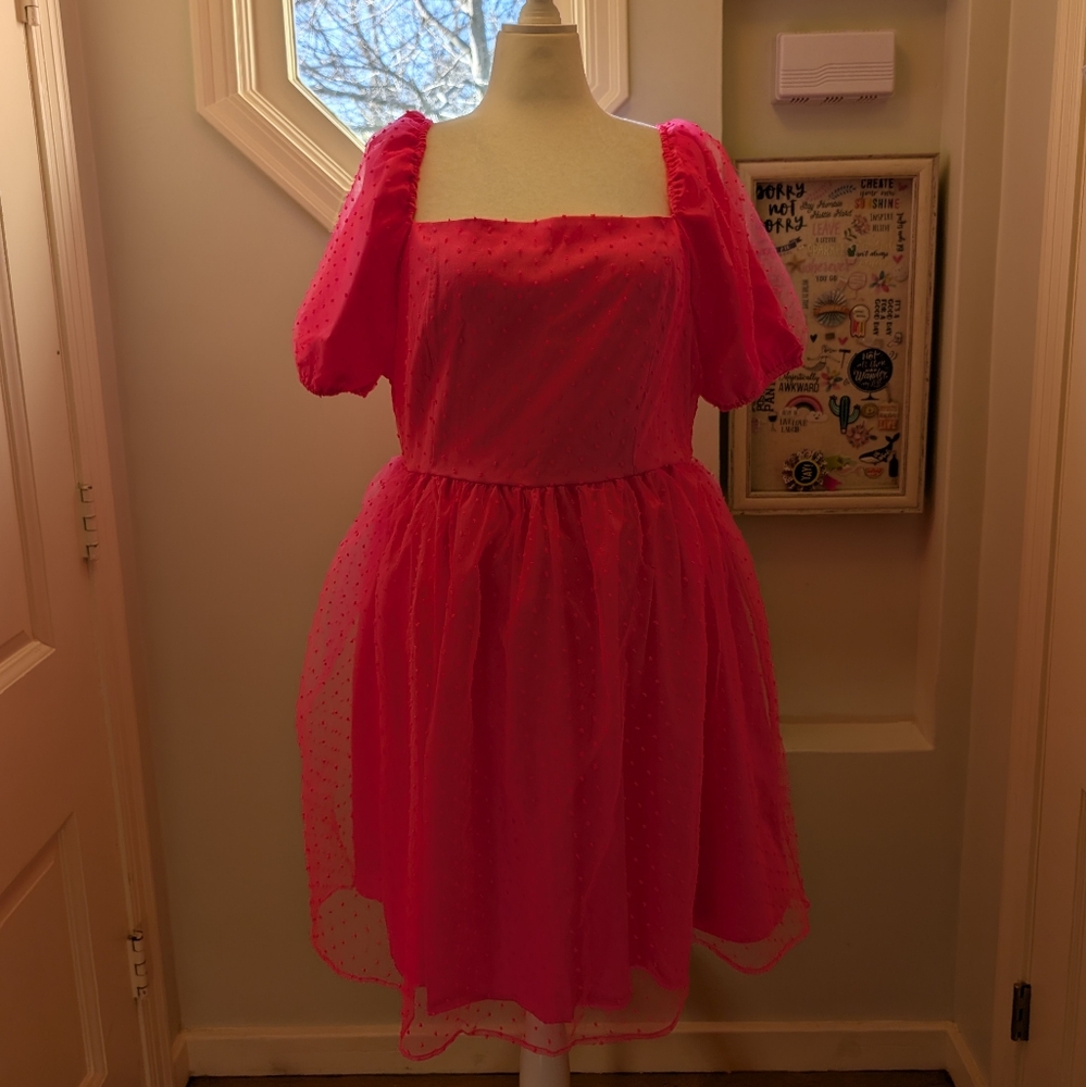 Women's Pink Swiss Dot Tulle Babydoll Dress Jess Lea 2X (fits like 3X)